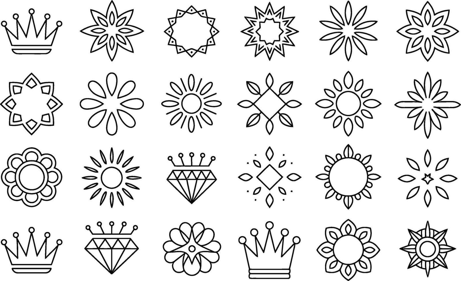 Minimalist line art collection of geometric shapes flowers crowns and diamonds vector