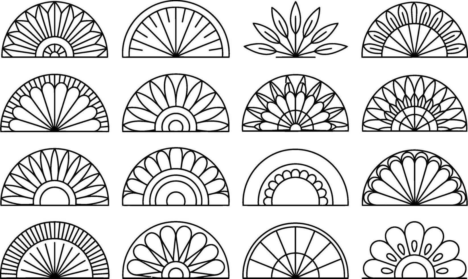 Collection of semicircle floral line art patterns geometric ornament illustration vector