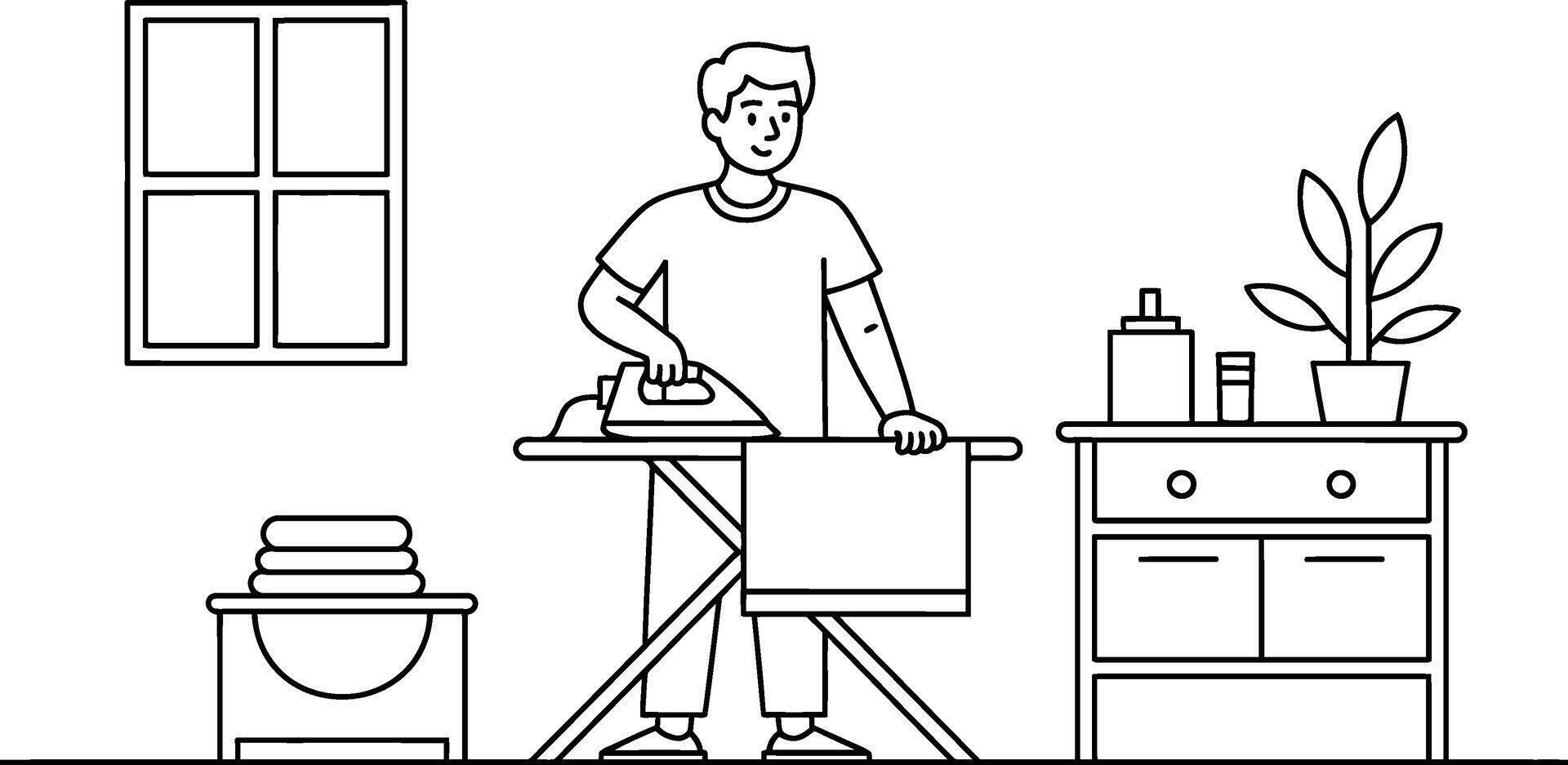 Man ironing clothes at home linear illustration domestic chores concept vector
