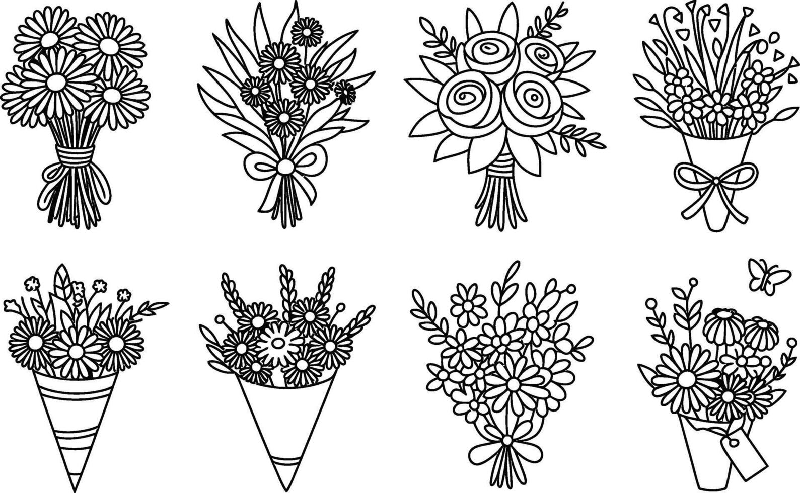 Collection of flower bouquets black and white line art illustrations set vector