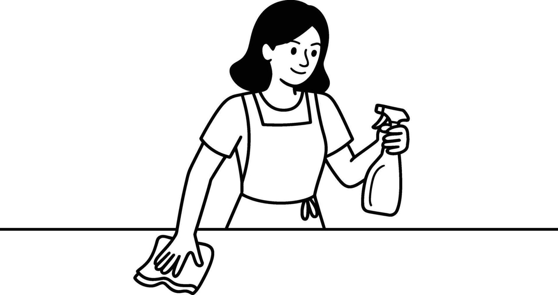 Woman cleaning surface with spray bottle and cloth black and white illustration vector