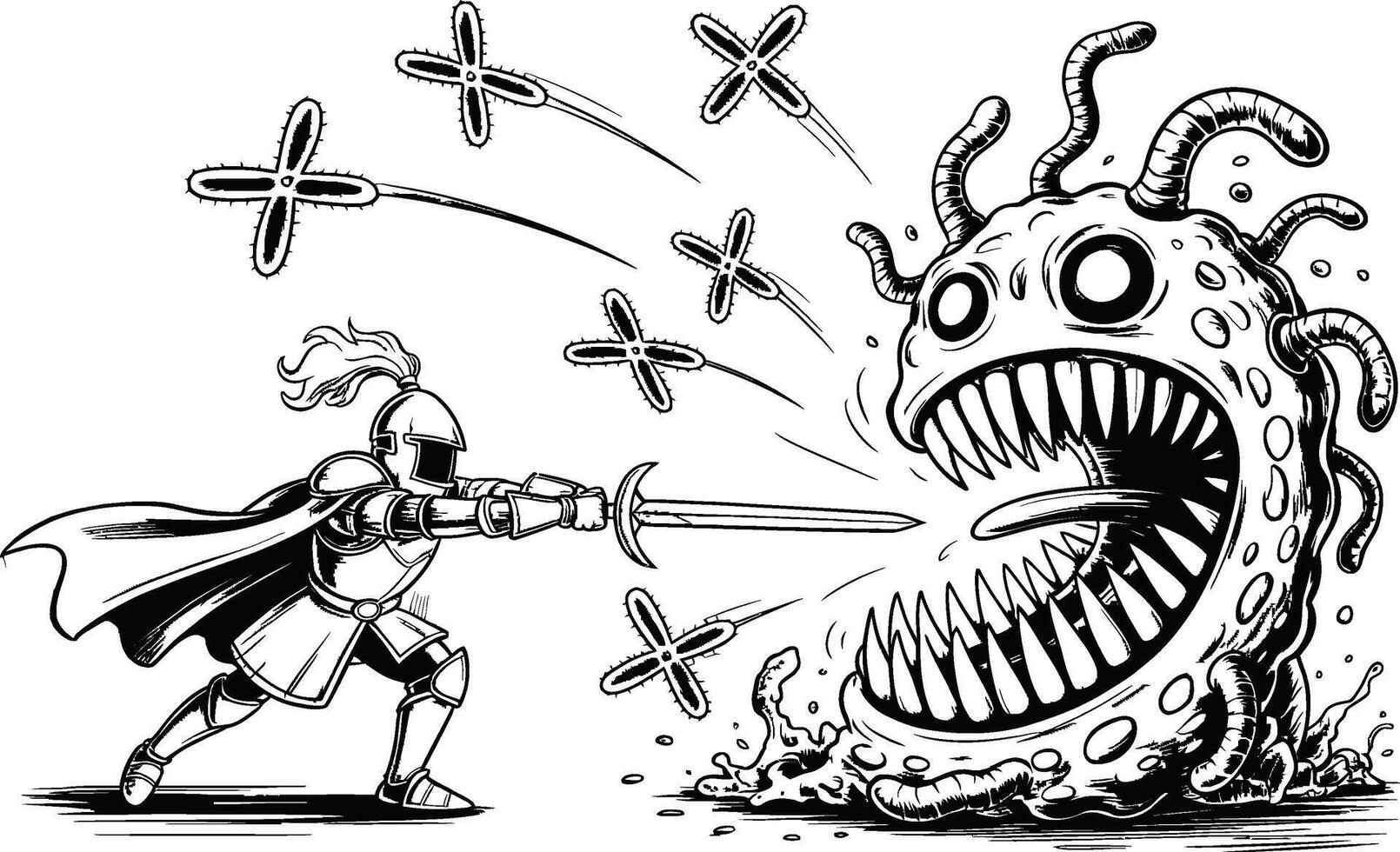Brave knight fighting a monster with a sword and cross shaped projectiles vector