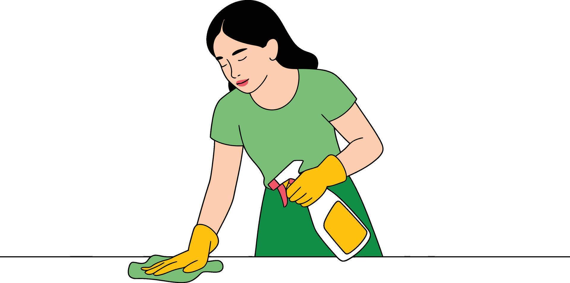 Woman cleaning surface with spray bottle and rag wearing gloves flat illustration vector