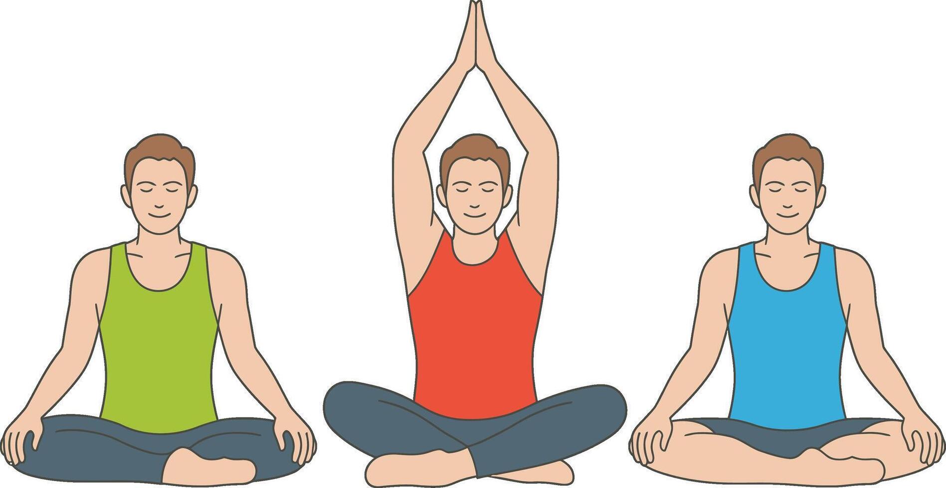 Men practicing yoga in lotus pose illustration with three variations vector