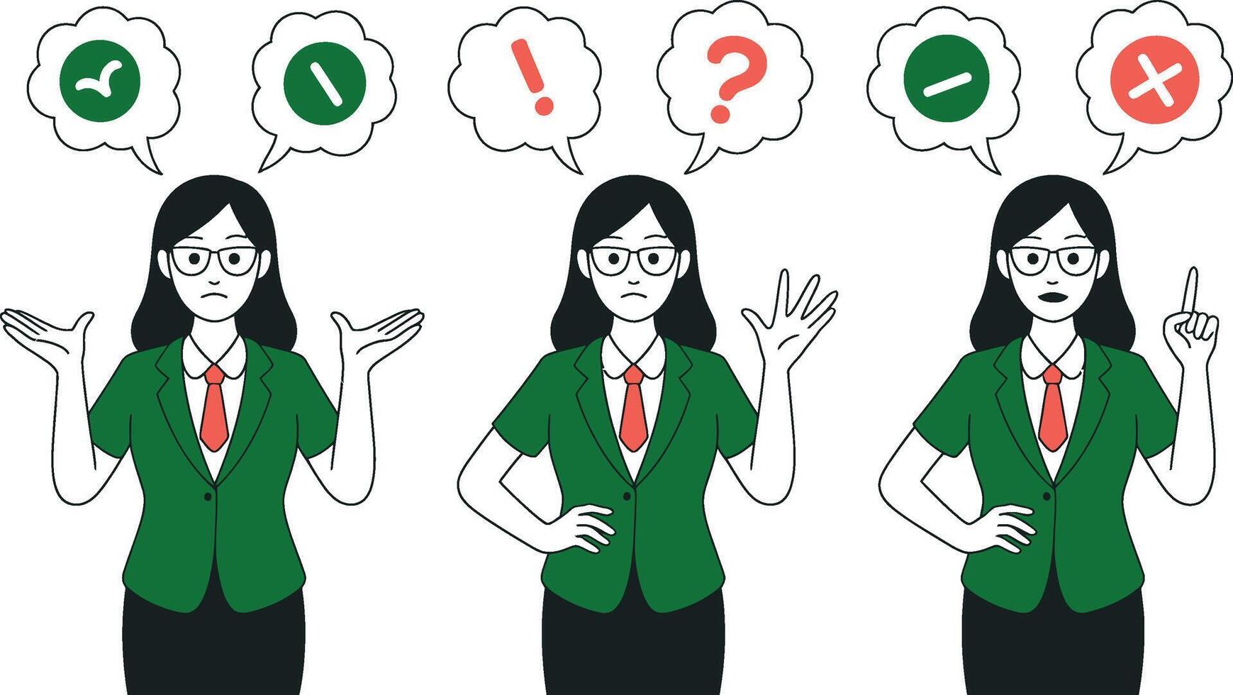 Businesswoman expressing confusion consideration and confirmation with speech bubbles icons vector