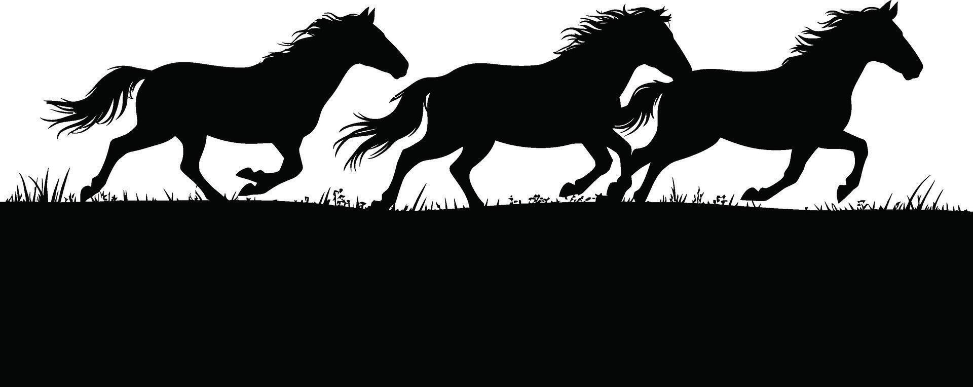 Three wild horses running free in black silhouette illustration vector
