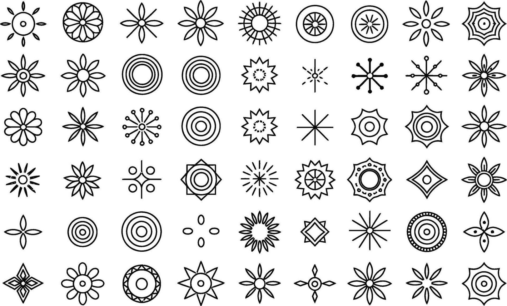 Collection of minimalist floral ornaments and geometric shapes in outline style vector
