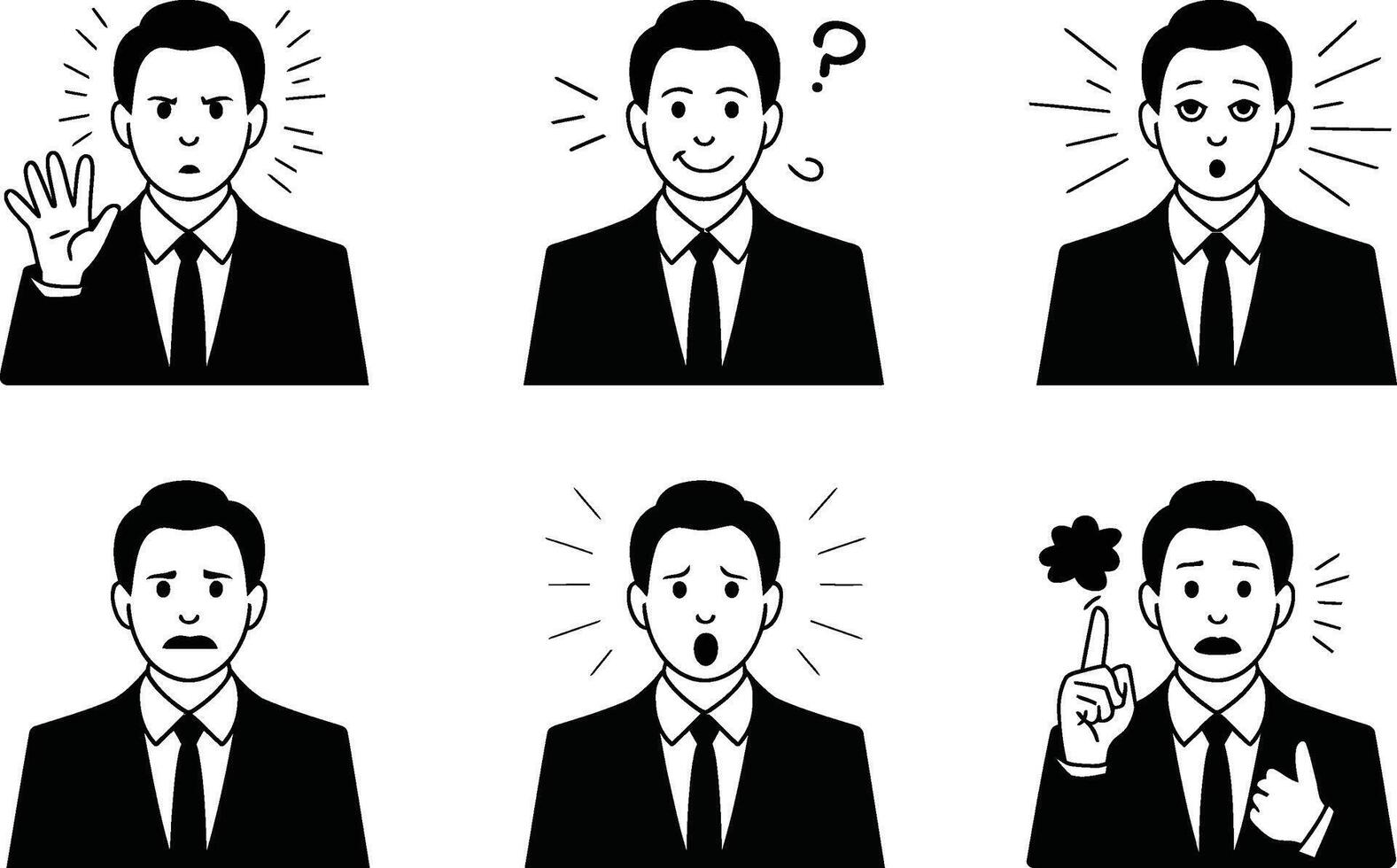 Businessman expressing various emotions line art graphic resource for presentations vector