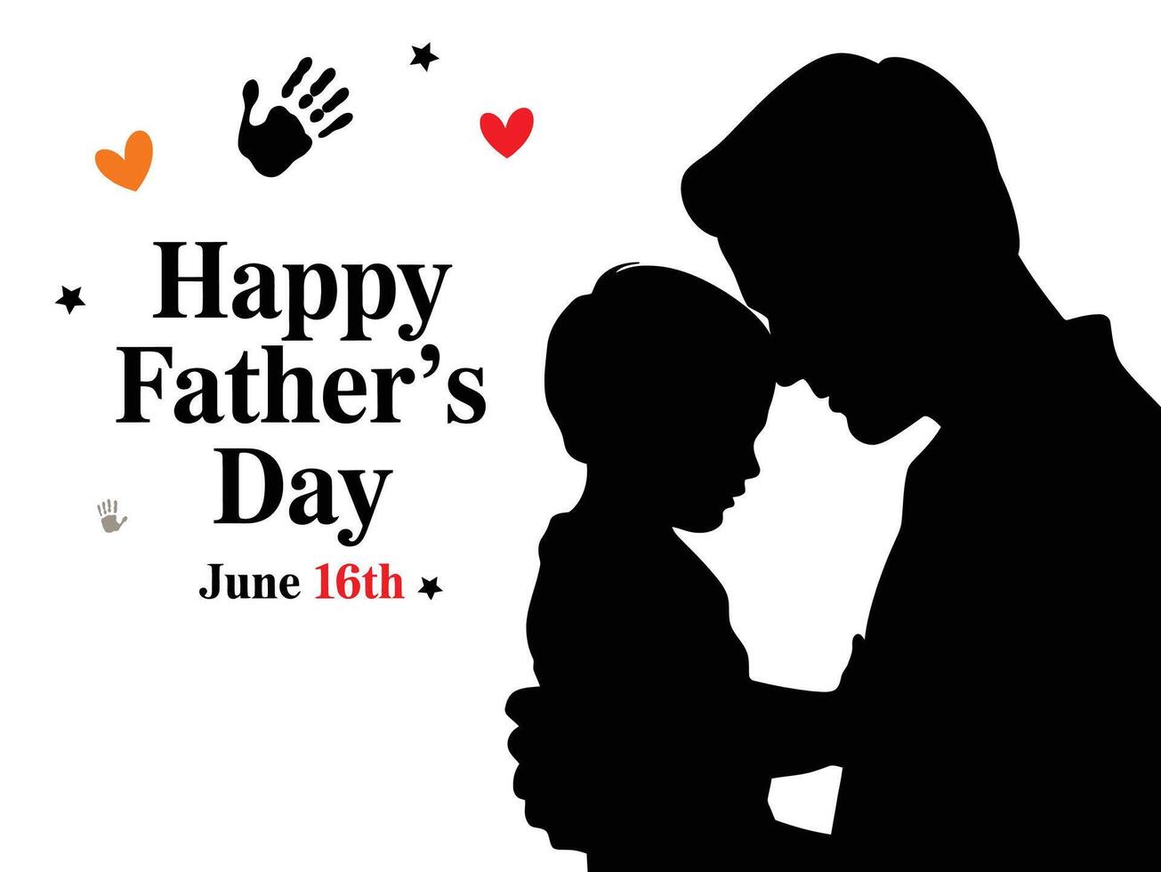 Father and child silhouette with touching moment, Happy Father's Day greeting card design, June 16th celebration message vector