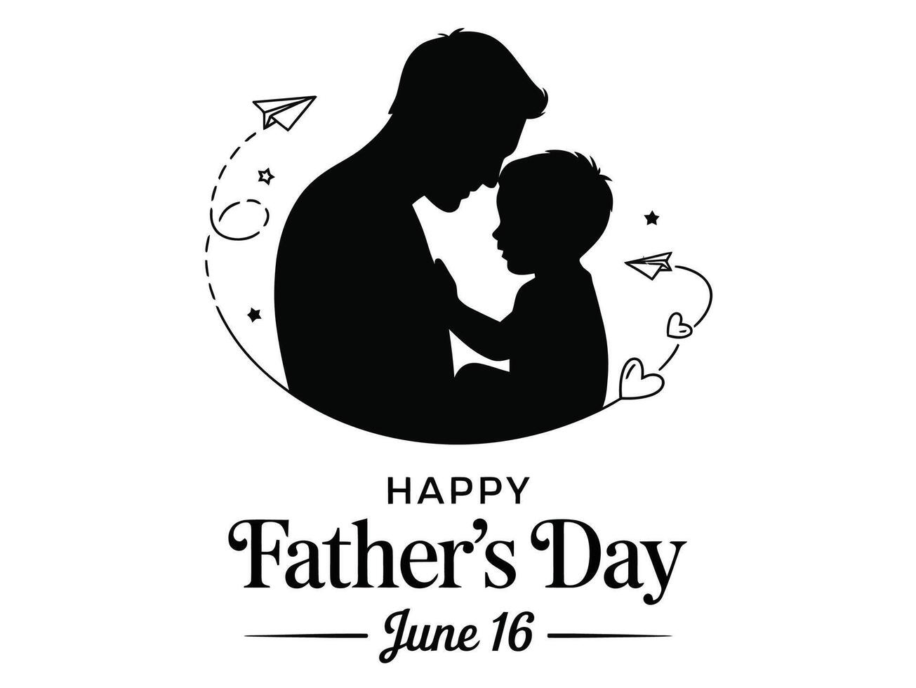 Happy Fathers Day June 16. Silhouette of Father and Child with Paper Planes and Heart Design vector
