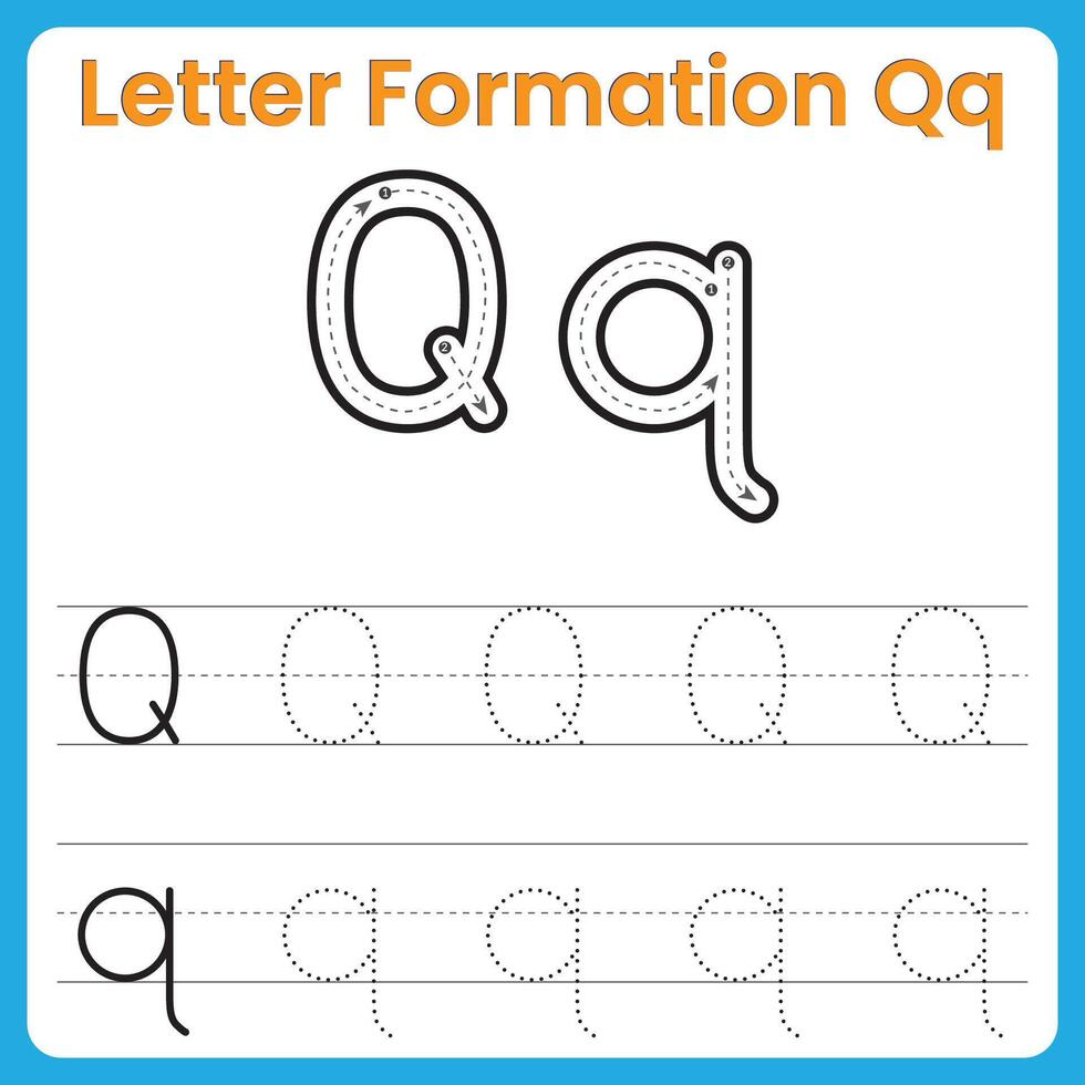 Letter Q Formation Tracing Worksheet Uppercase and Lowercase Handwriting Practice vector