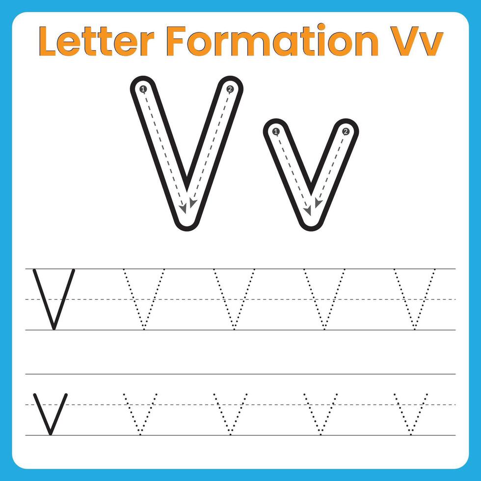 Letter V Formation Tracing Worksheet Uppercase and Lowercase Handwriting Practice vector