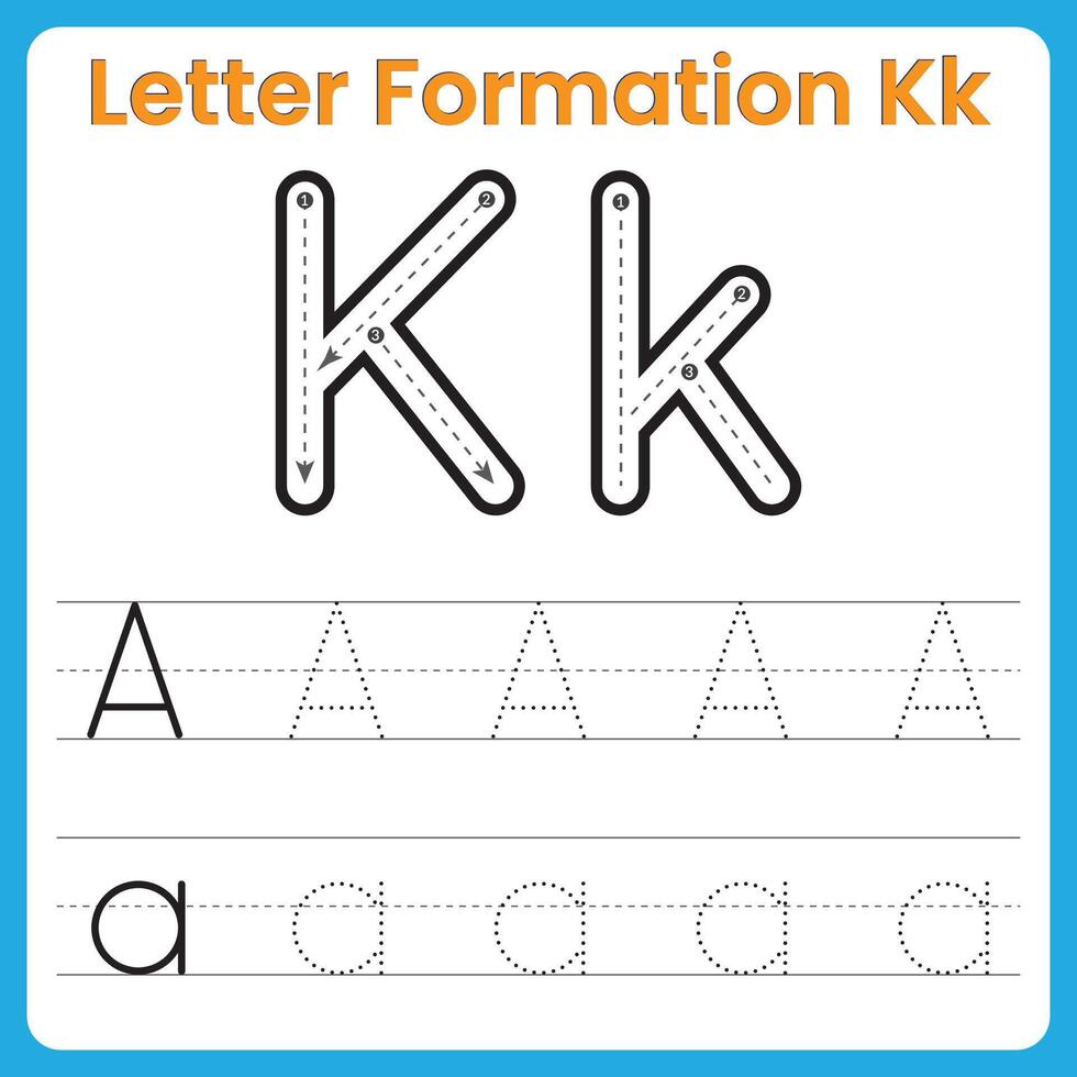 Letter K Formation Tracing Worksheet Uppercase and Lowercase Handwriting Practice vector