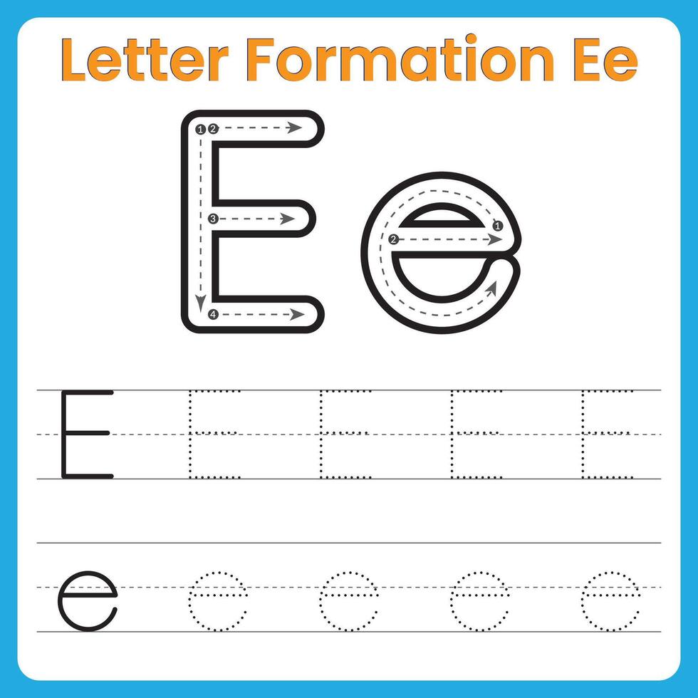 Letter E Formation Tracing Worksheet Uppercase and Lowercase Handwriting Practice vector