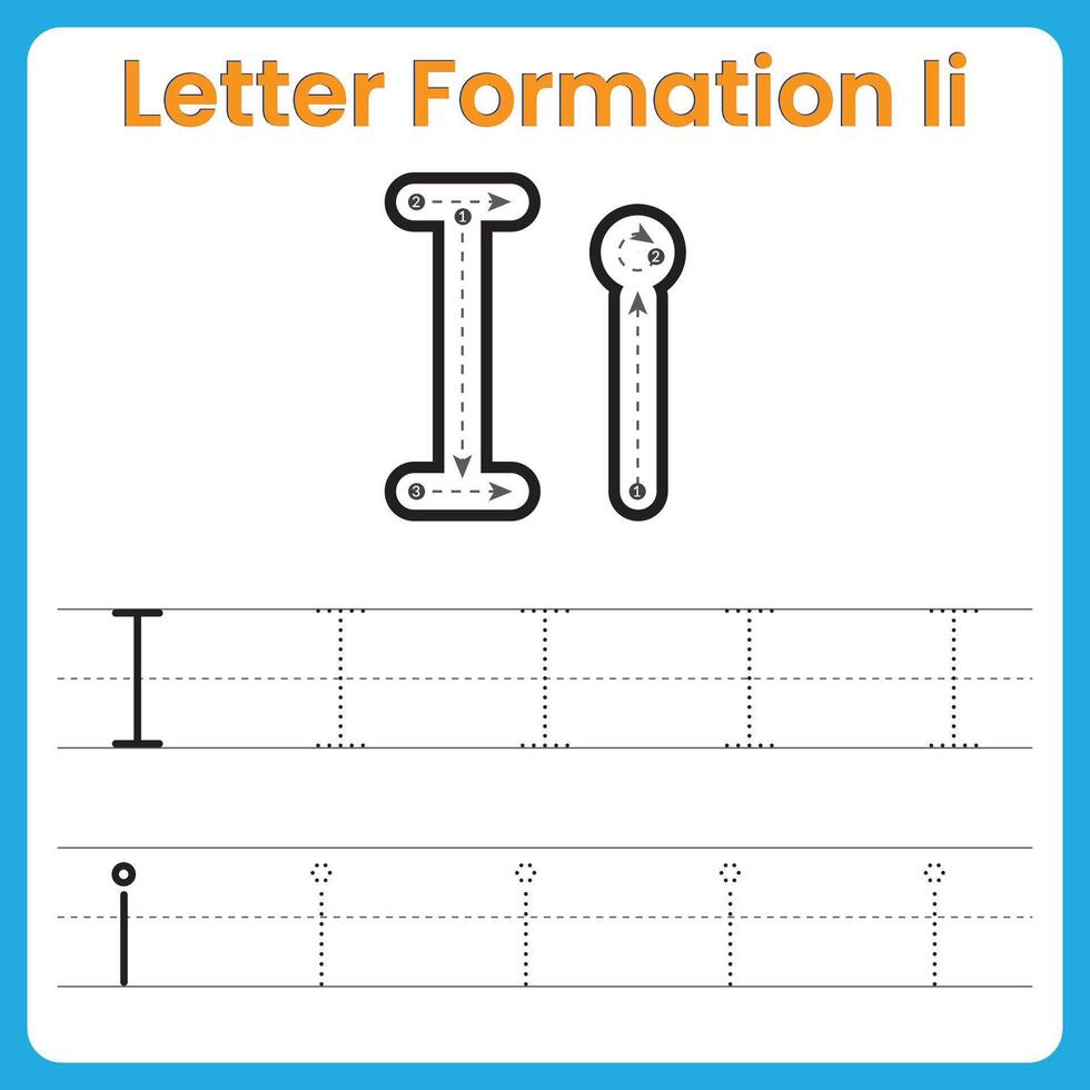 Letter I Formation Tracing Worksheet Uppercase and Lowercase Handwriting Practice vector