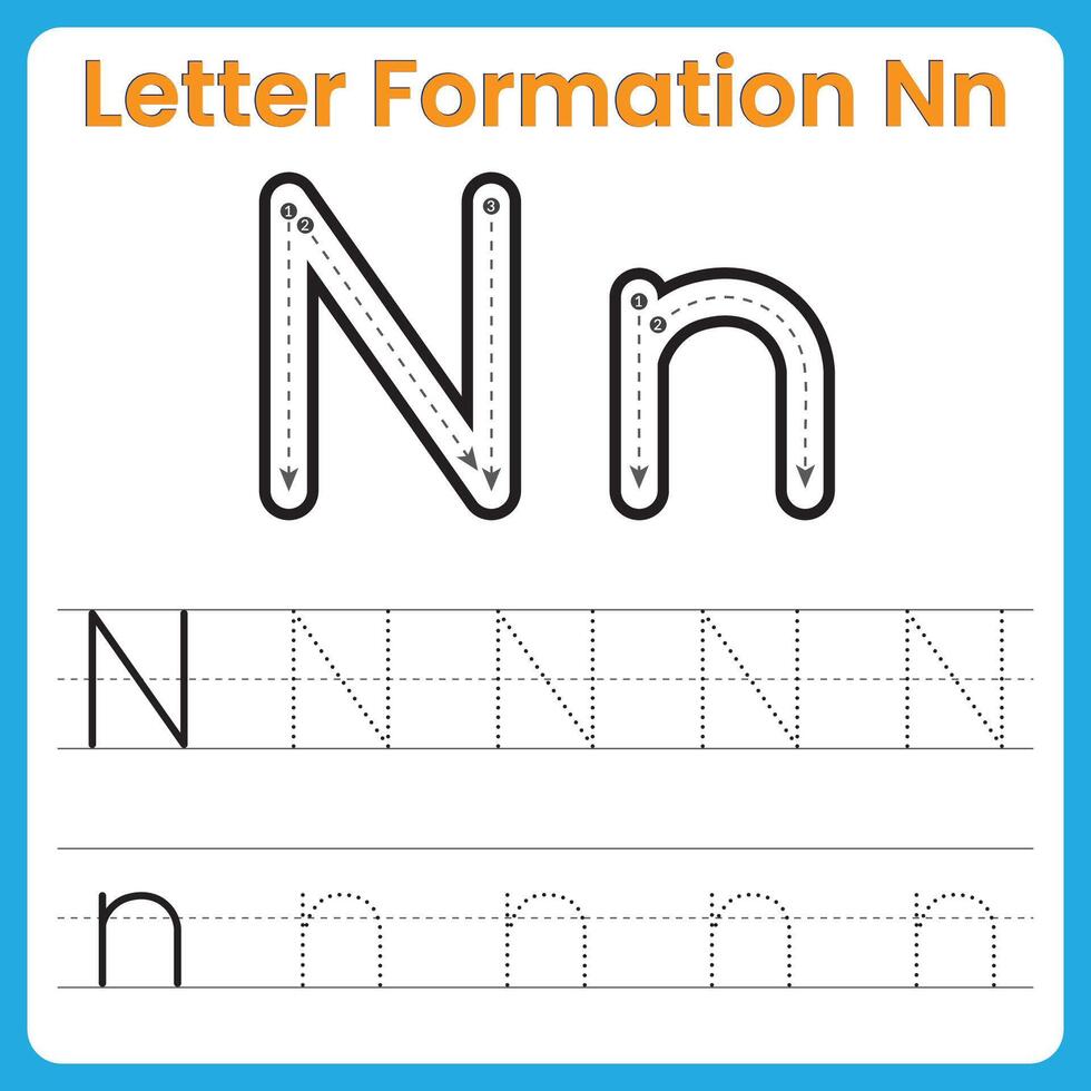 Letter N Formation Tracing Worksheet Uppercase and Lowercase Handwriting Practice vector