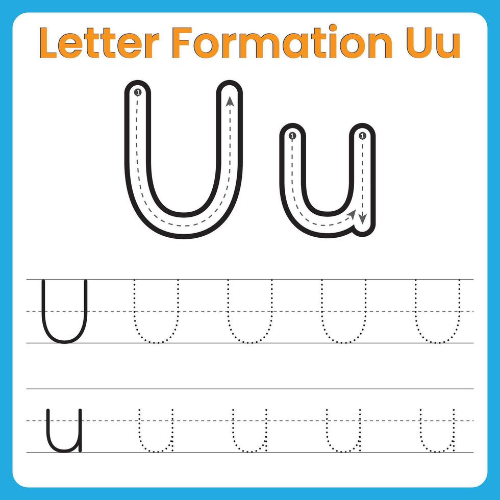 Letter U Formation Tracing Worksheet Uppercase and Lowercase Handwriting Practice vector