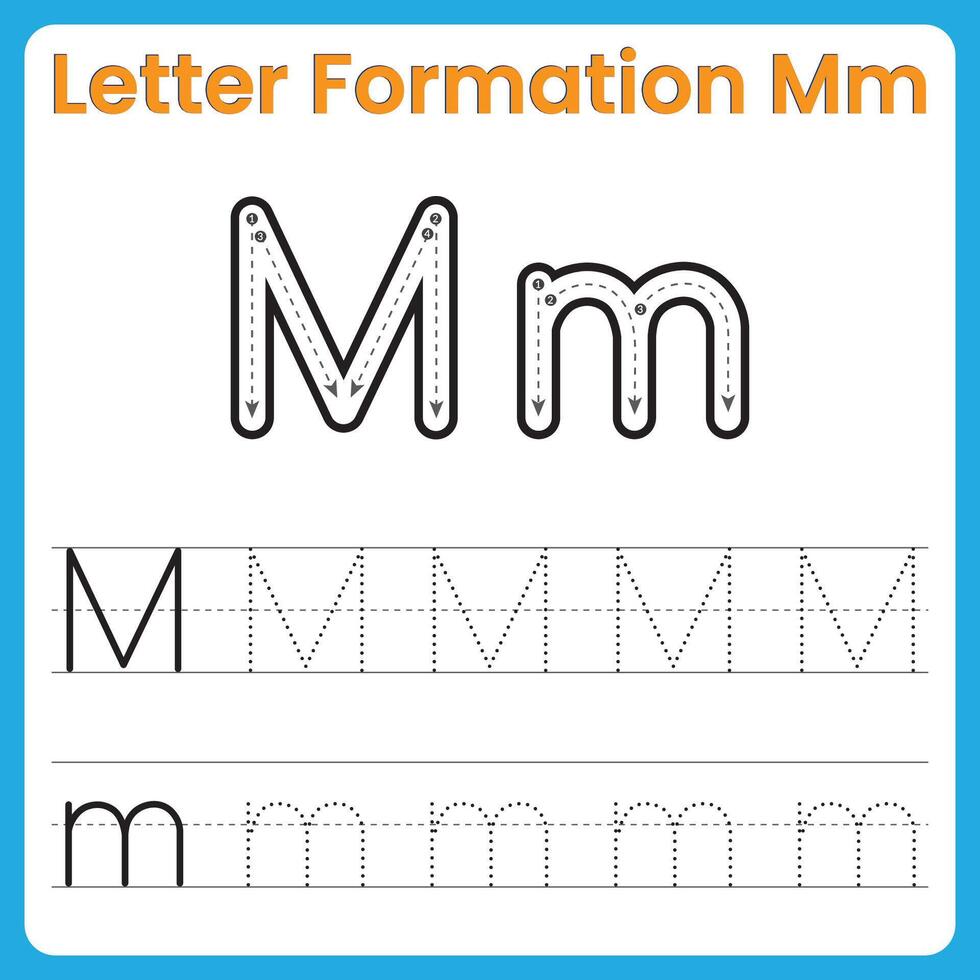 Letter M Formation Tracing Worksheet Uppercase and Lowercase Handwriting Practice vector