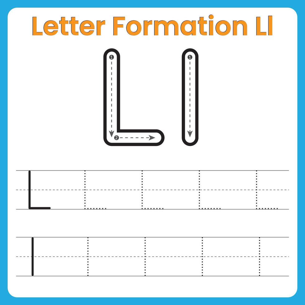 Letter L Formation Tracing Worksheet Uppercase and Lowercase Handwriting Practice vector