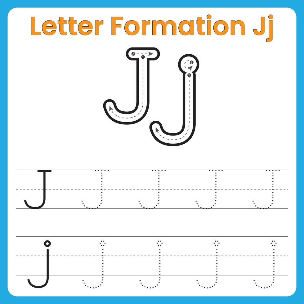 Letter J Formation Tracing Worksheet Uppercase and Lowercase Handwriting Practice vector