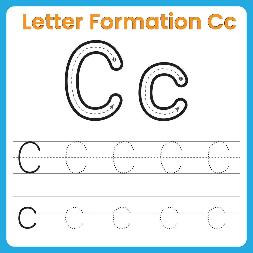 Letter C Formation Tracing Worksheet Uppercase and Lowercase Handwriting Practice vector
