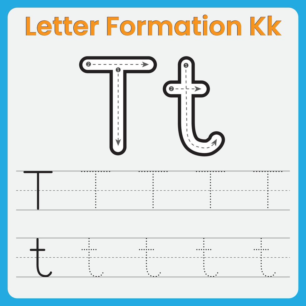 Letter T Formation Tracing Worksheet Uppercase and Lowercase Handwriting Practice vector