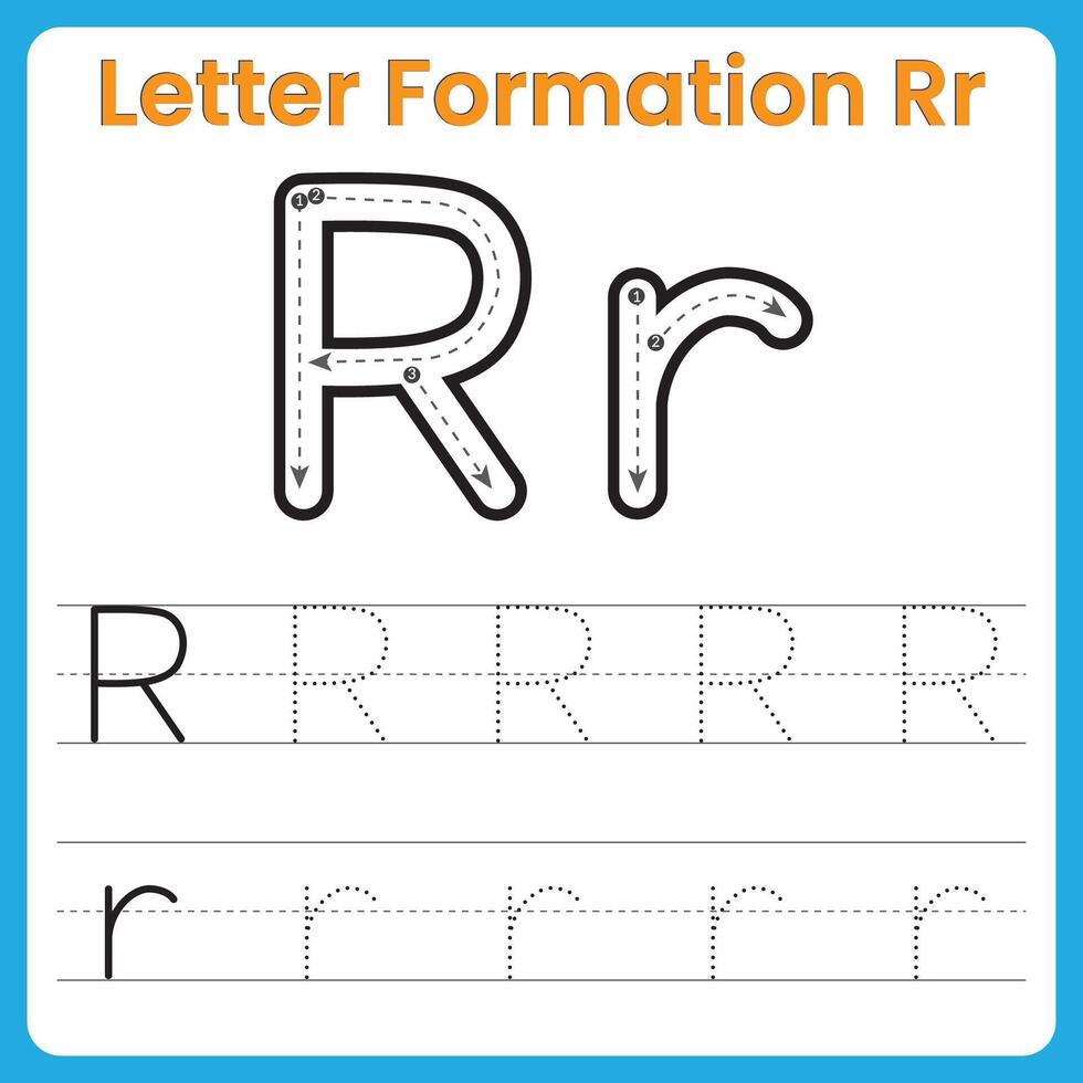 Letter R Formation Tracing Worksheet Uppercase and Lowercase Handwriting Practice vector