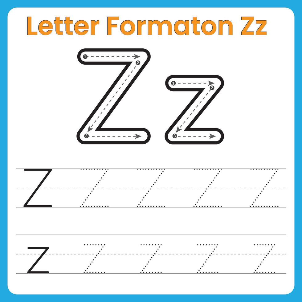 Letter Z Formation Tracing Worksheet Uppercase and Lowercase Handwriting Practice vector