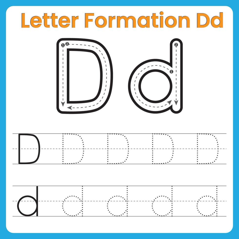 Letter D Formation Tracing Worksheet Uppercase and Lowercase Handwriting Practice vector