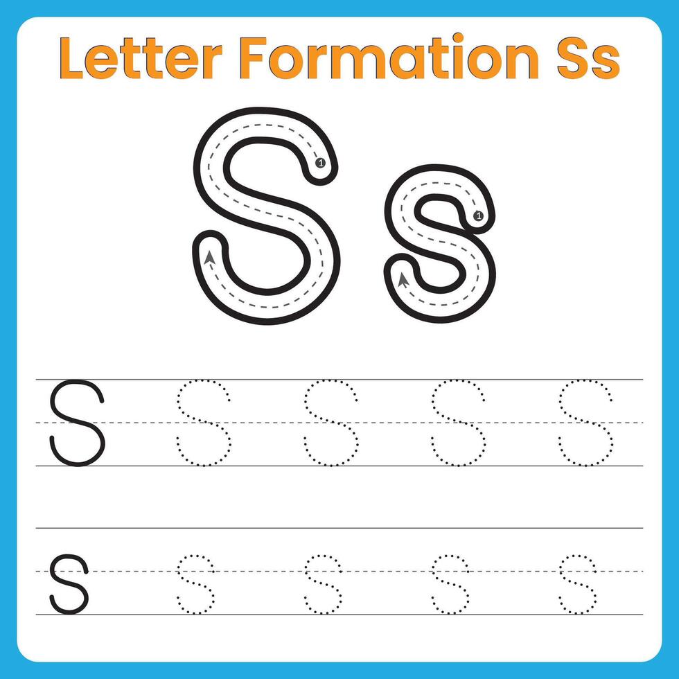 Letter S Formation Tracing Worksheet Uppercase and Lowercase Handwriting Practice vector