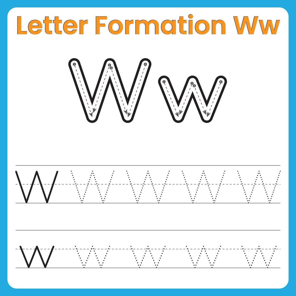 Letter W Formation Tracing Worksheet Uppercase and Lowercase Handwriting Practice vector