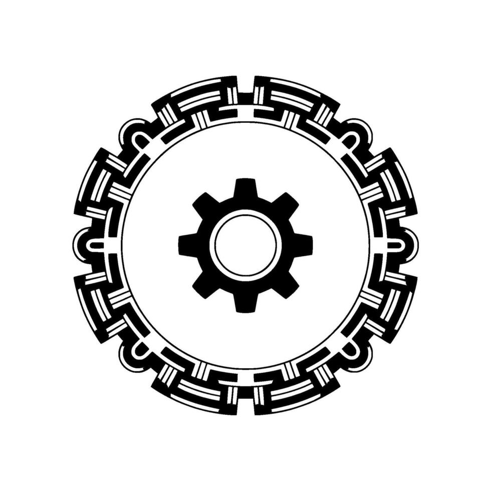 Gear in Geometric Greek Key Ornament, Black White vector