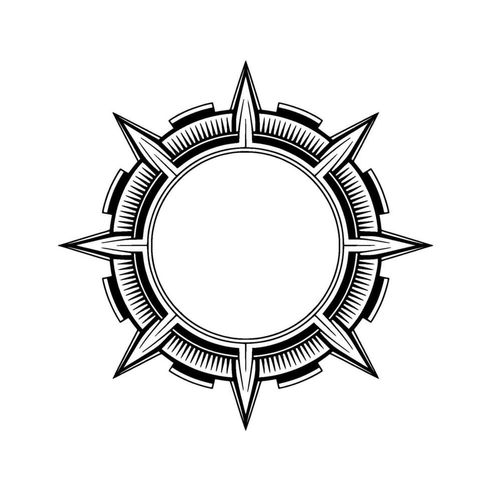 Geometric Compass Rose , Black and White, Minimalist, Blank Center, Element vector
