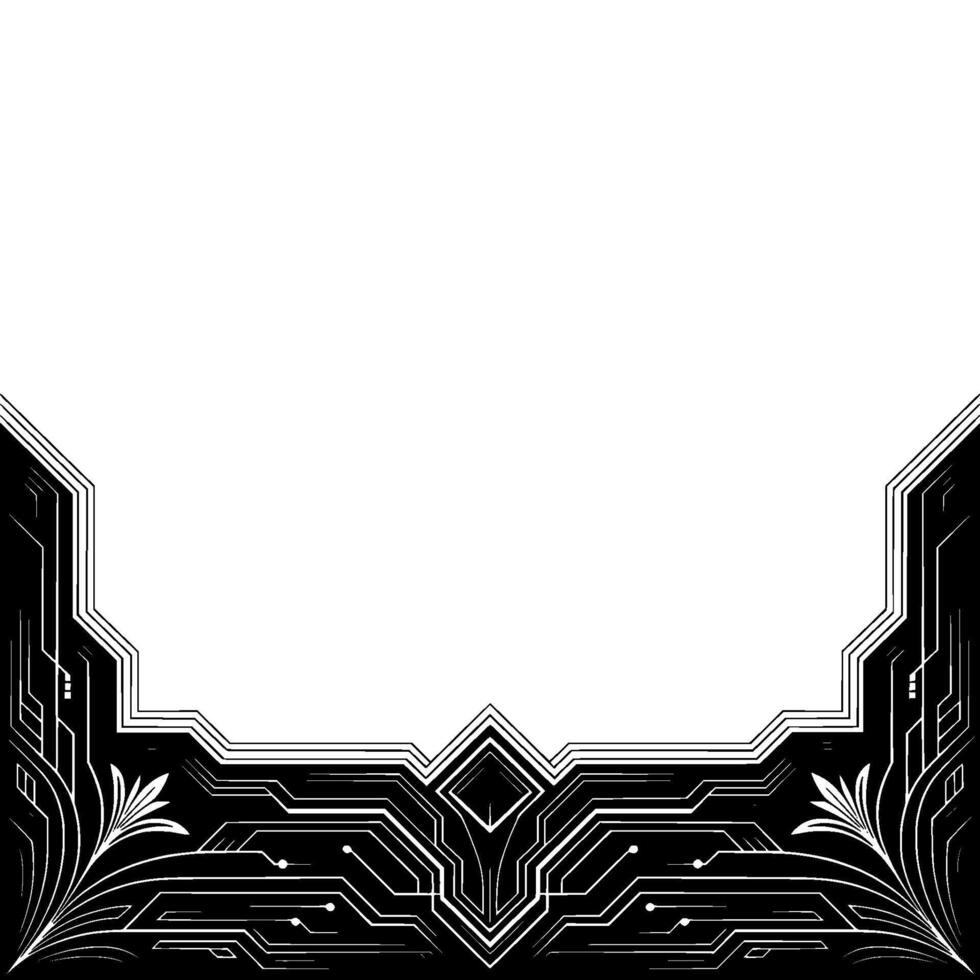 Art Deco Tech Black and White Border With Floral and Circuitry Elements vector