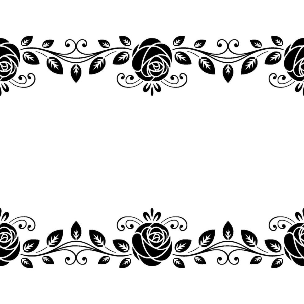Elegant Black Rose Floral Border on White, Decorative vector