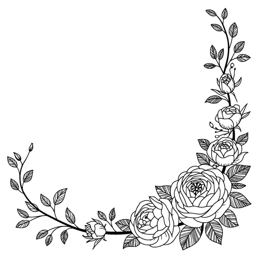 Elegant Floral Corner Frame Handdrawn Roses in Monochrome vector