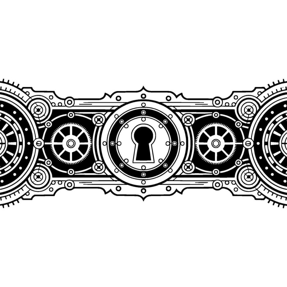 Steampunk Mechanism Border With Keyhole, Gears, Metallic Elements vector