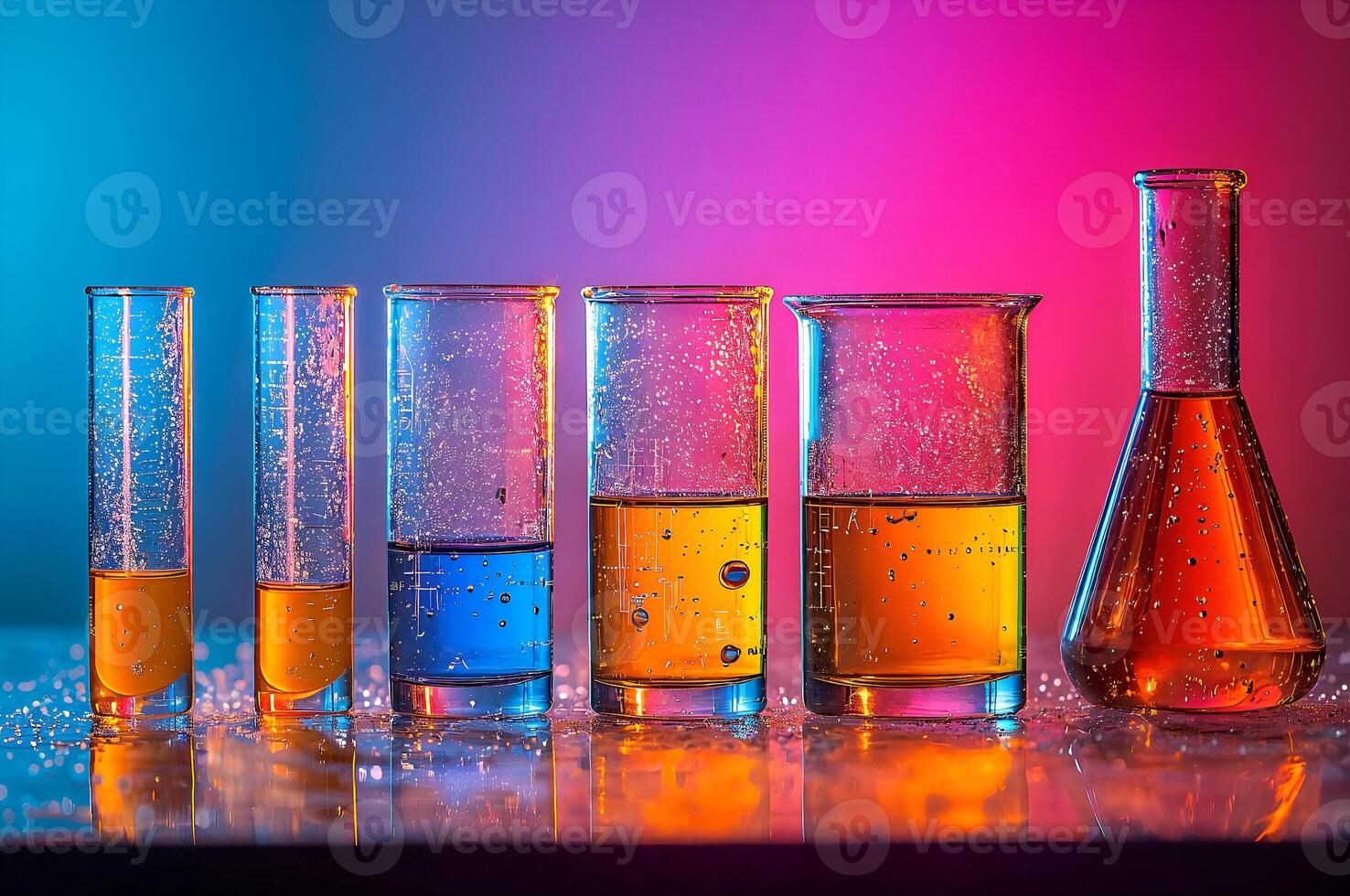 Laboratory glassware containing colorful liquids forming a gradient under vibrant lights photo