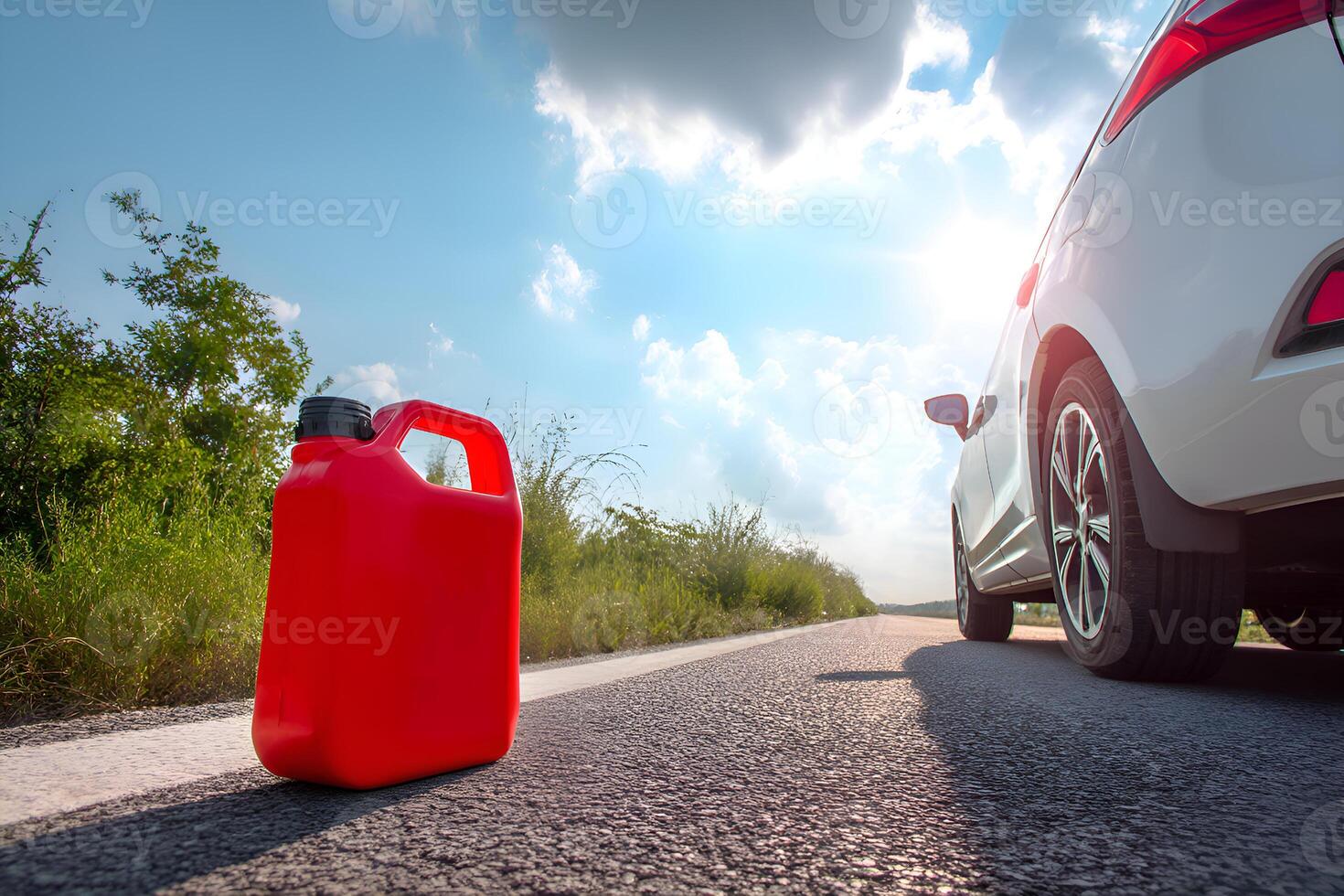 Red reserve canister on road with empty car waiting for refueling photo