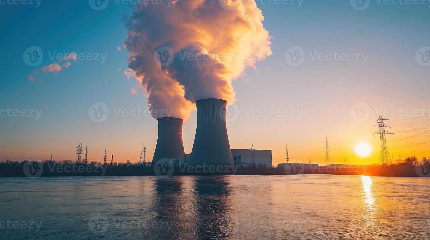 Nuclear power plant cooling towers releasing steam at sunset reflecting in water photo