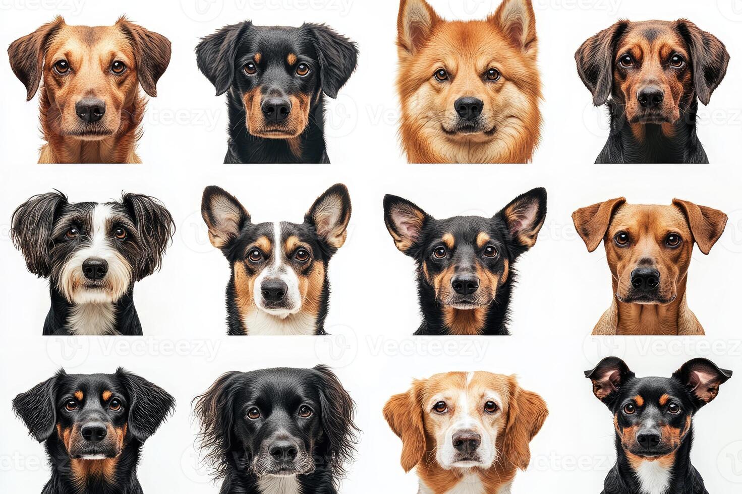 Twelve different dogs posing on white background photo