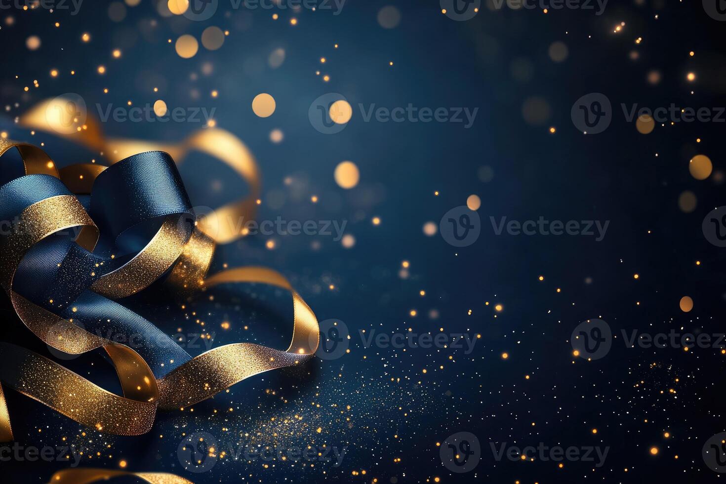 Golden and blue ribbons creating festive atmosphere with sparkling glitter photo