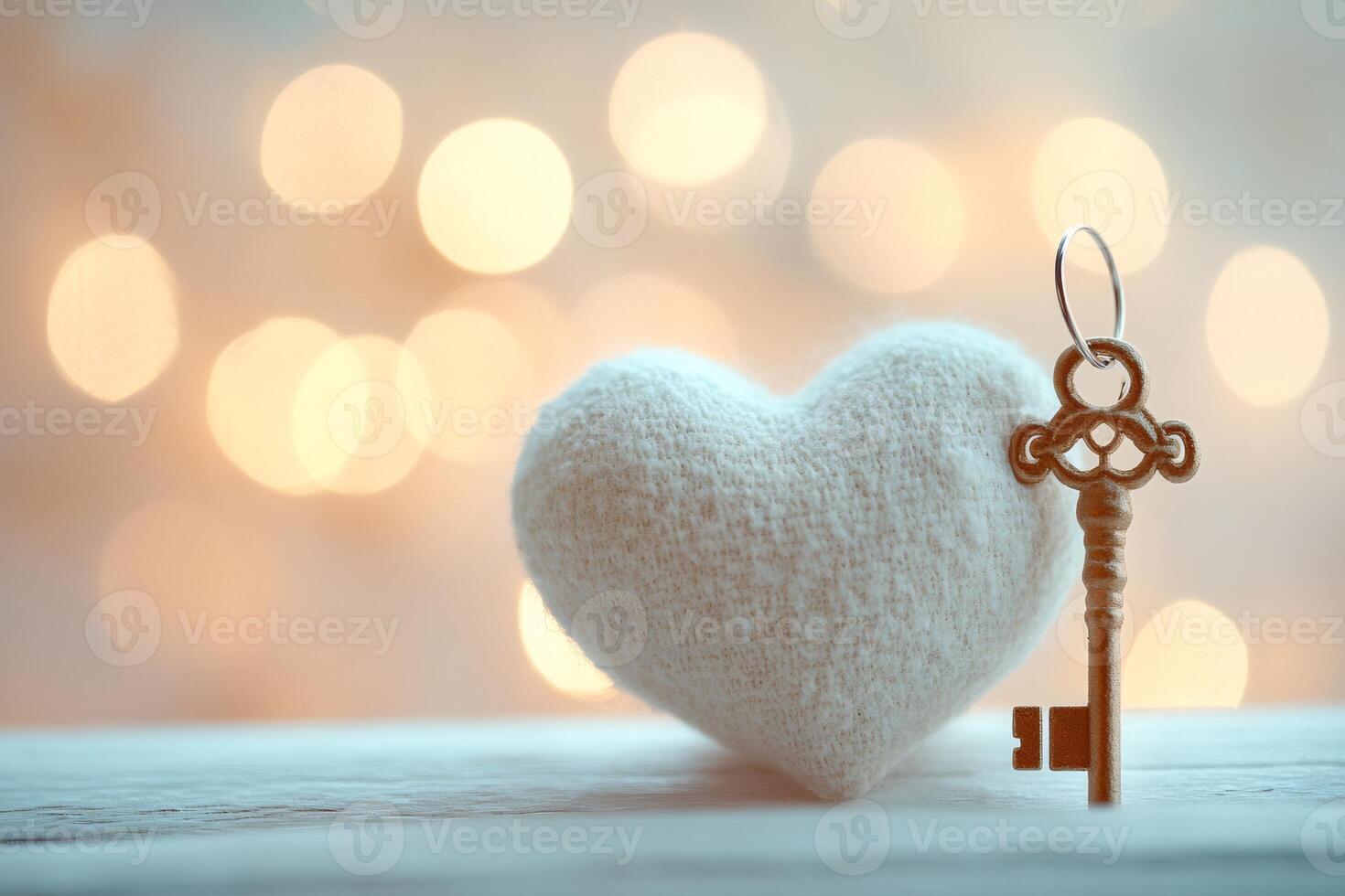 White knitted heart with golden key and bokeh lights representing love and valentine's day photo