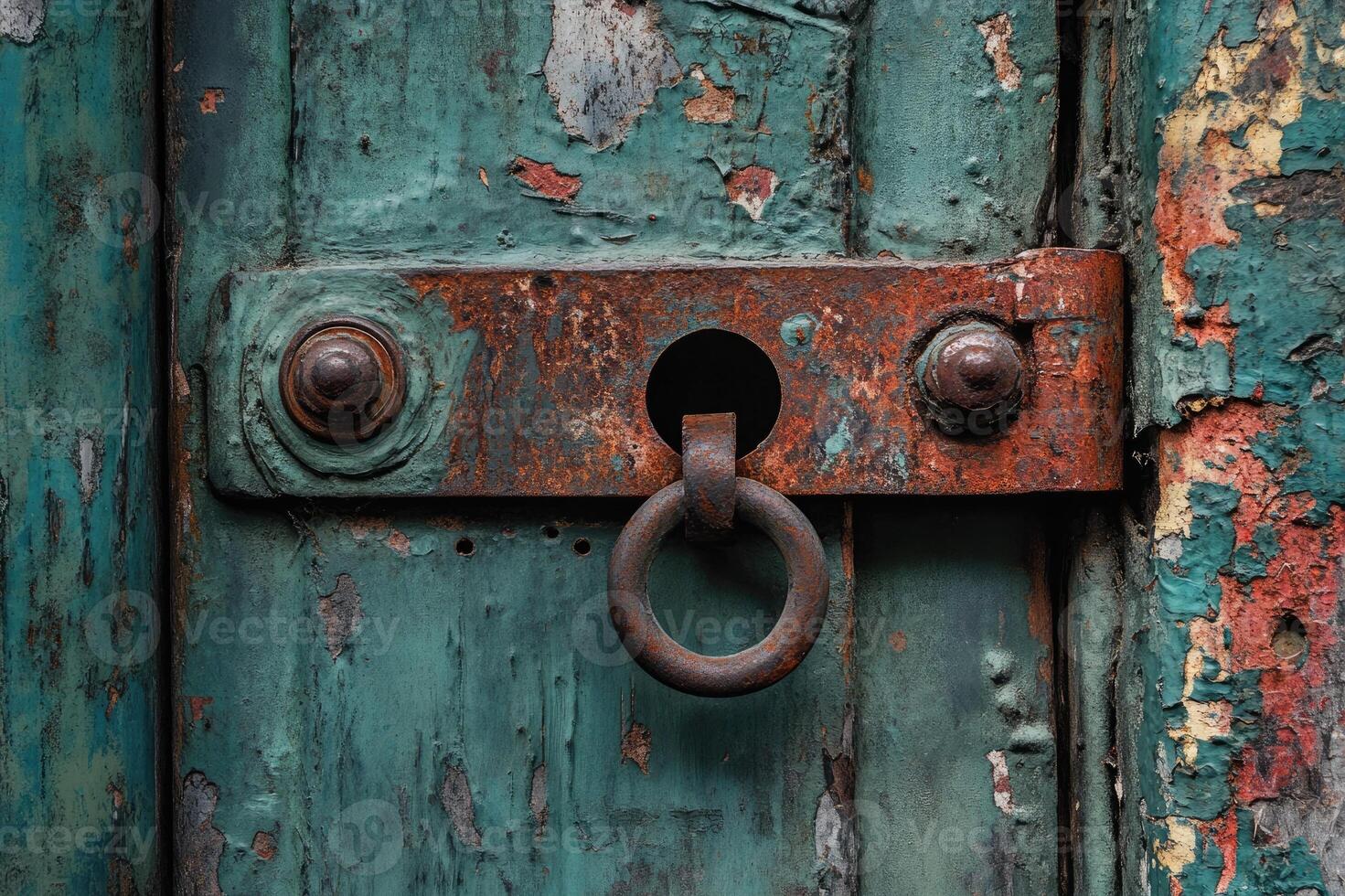 Old rusty metal door hinge with peeling paint is showing concept of time passing photo