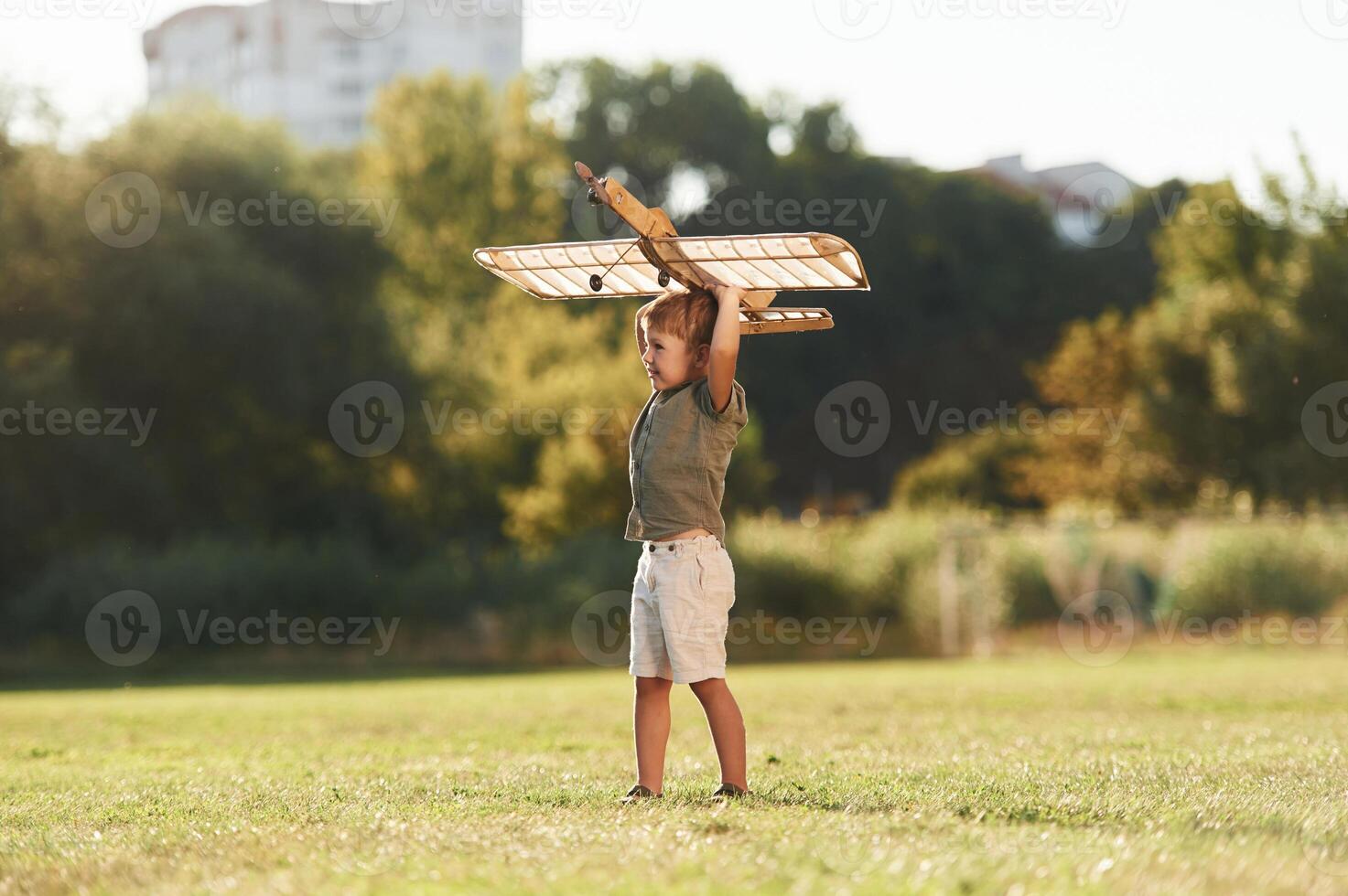 Up, in the air, holding it. Cute little boy is playing with toy plane on the field photo