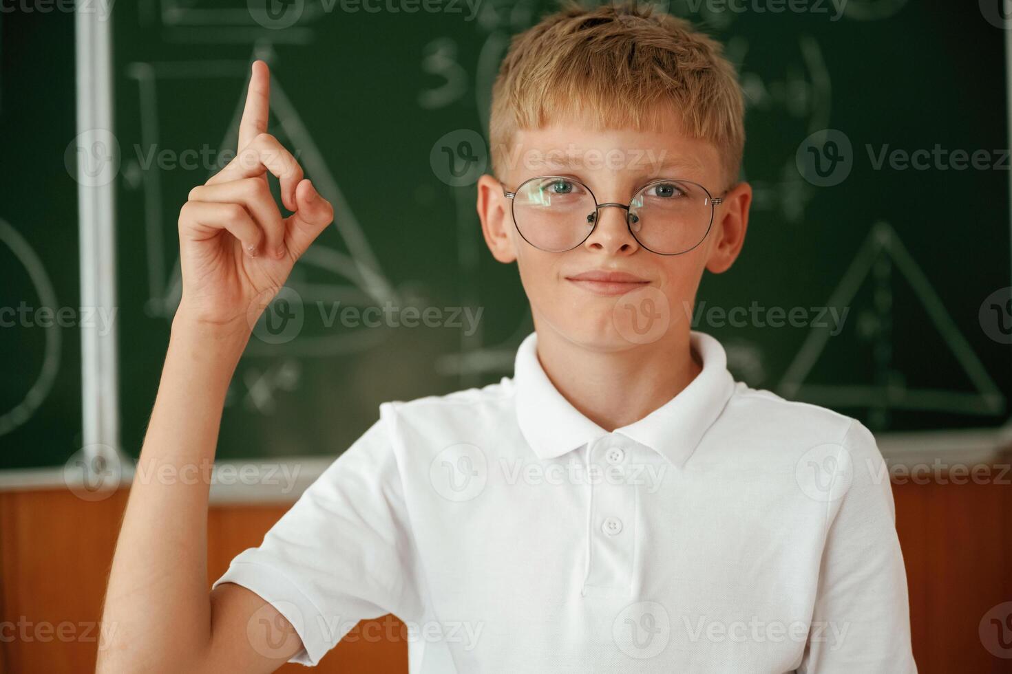 Kid in glasses, is, standing in the classroom against the blackboard with graphs, hand up photo