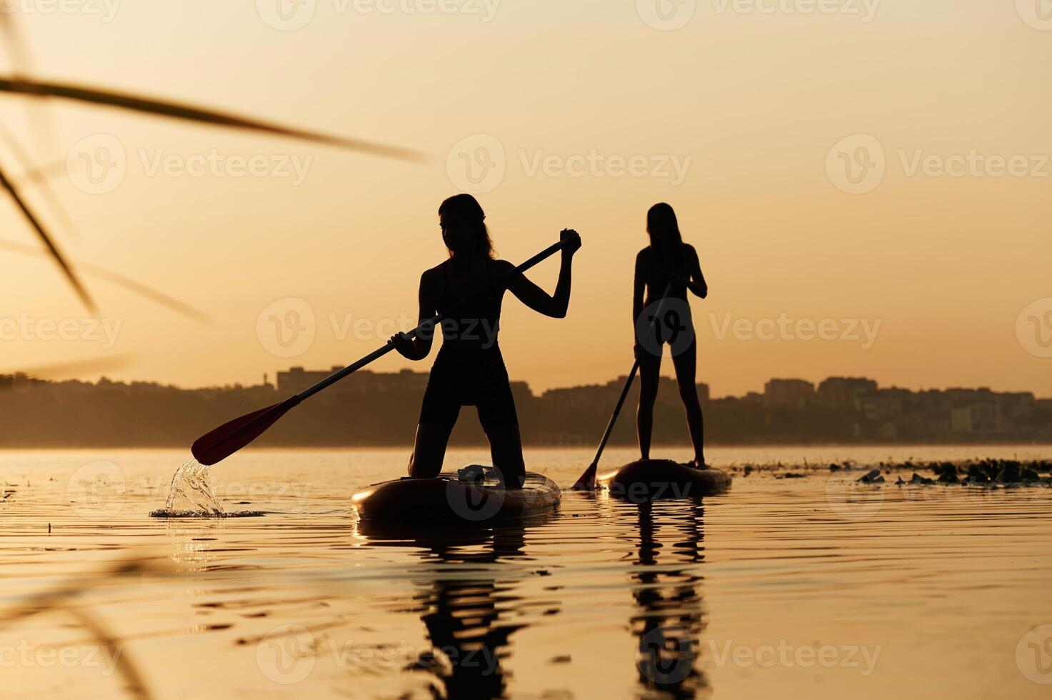 Summertime activities. Women friends ,,,are on sup board on the lake together photo
