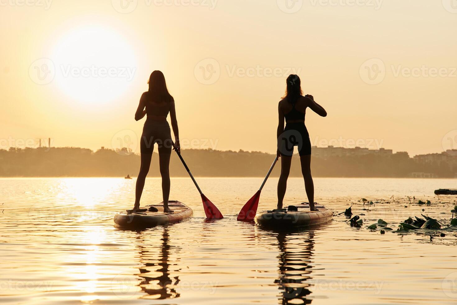 Against ,,sunset, light. Women friends are on sup board on the lake together photo