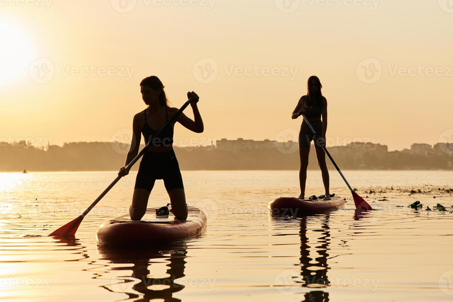 Summertime, activities. Women friends are on sup board on the lake together photo