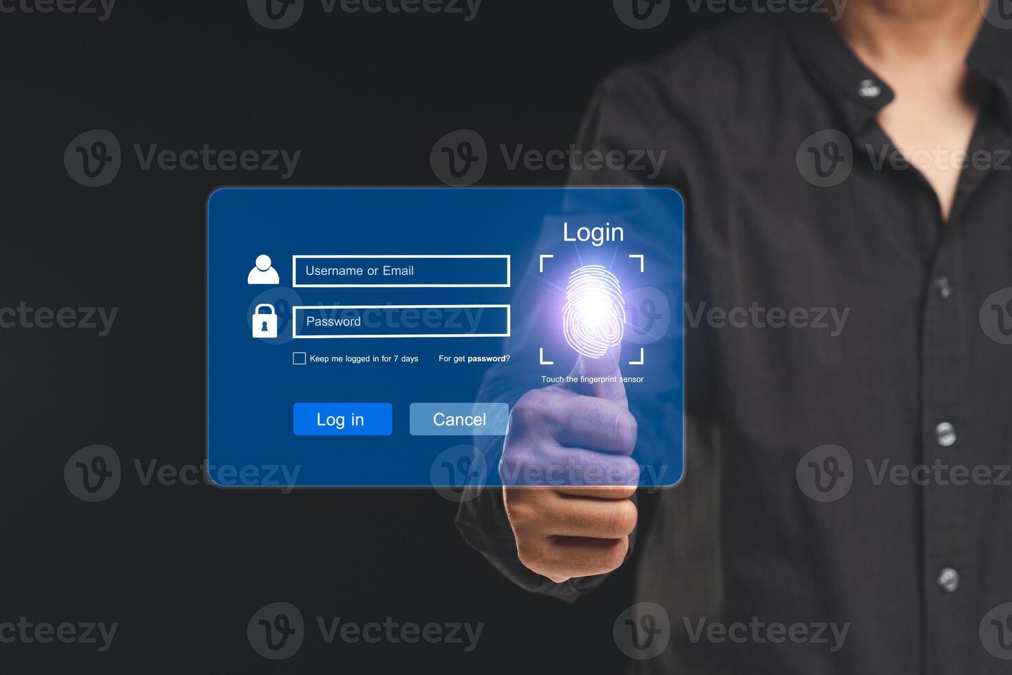 Log in to the system with a fingerprint on the virtual screen while standing on a black background photo